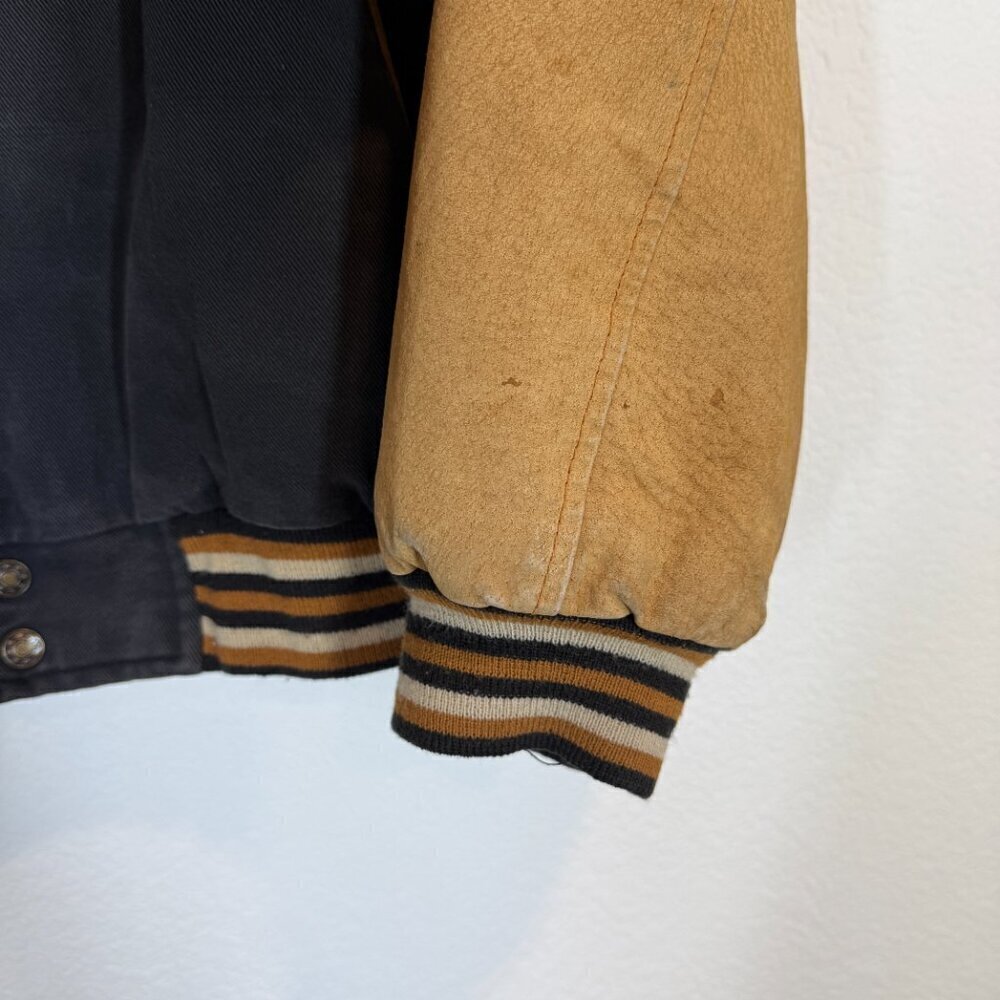 Vintage Varsity Suede Canvas Bomber Large 80s Black Brown Embroidered Jacket - Picture 7 of 10